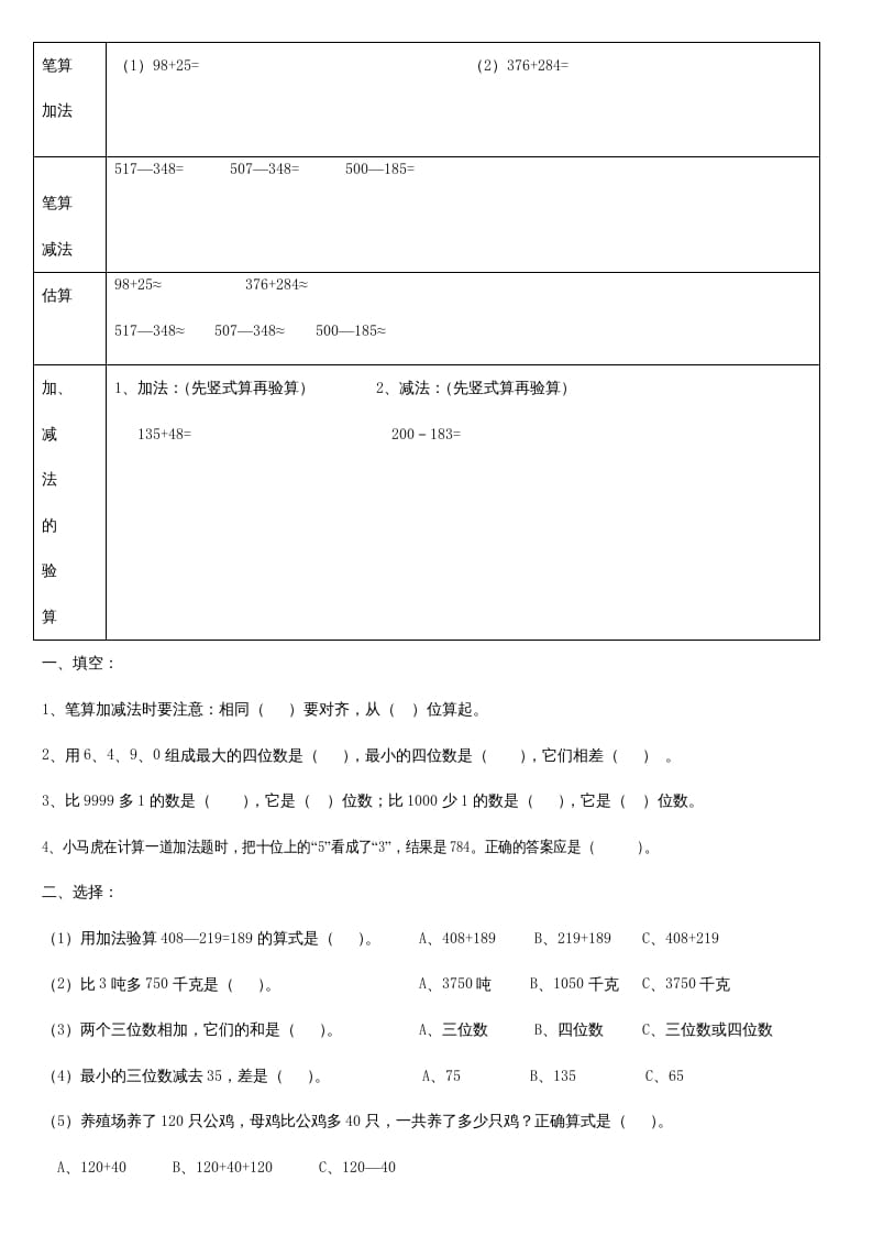 三年级数学上册第二单元_万以内的加法和减法_知识要点及复习题[1]（人教版）-学科资源库