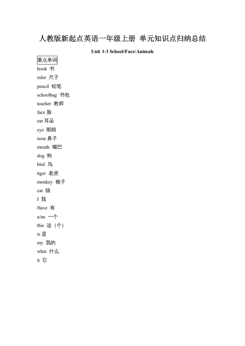 一年级英语上册单元知识点归纳总结（人教一起点）-学科资源库