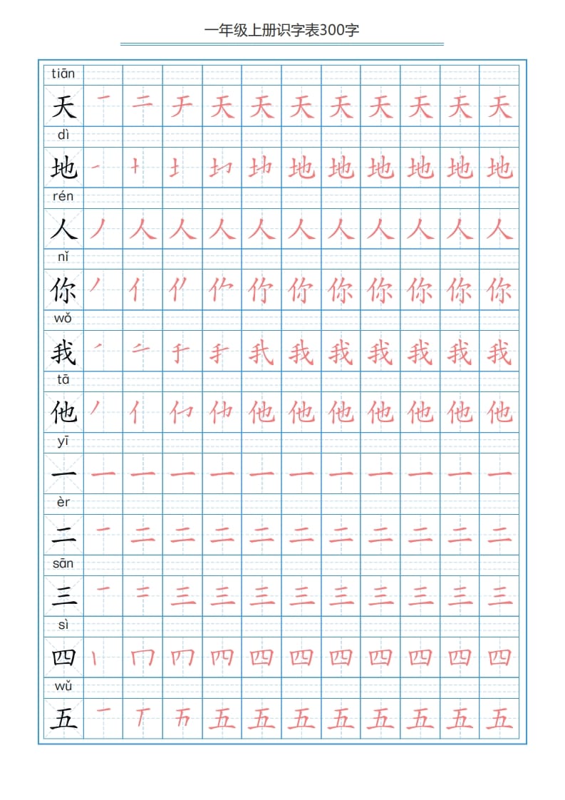 一年级语文上册识字表字帖（300字29页）PDF（部编版）-学科资源库