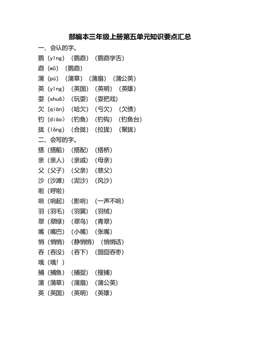 三年级语文上册第五单元知识要点汇总（部编版）-学科资源库