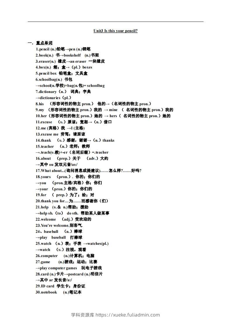 3.人教版七年级上英语Unit3复习提纲-学科资源库