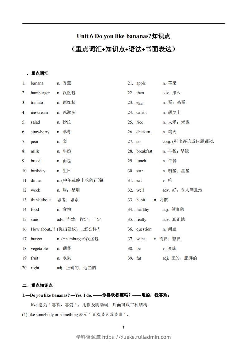 人教版英语七年级上Unit6Doyoulikebananas知识点-学科资源库