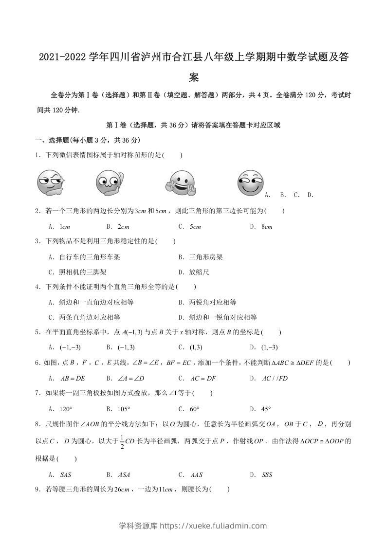 2021-2022学年四川省泸州市合江县八年级上学期期中数学试题及答案(Word版)-学科资源库