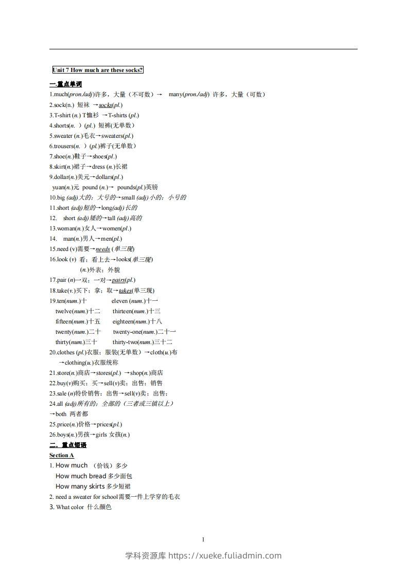 7.人教版七年级上英语Unit7复习提纲-学科资源库