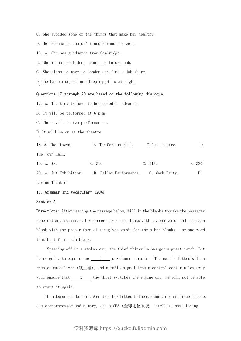 图片[3]-2021-2022学年上海市金山区高三上学期期中英语试题及答案(Word版)-学科资源库