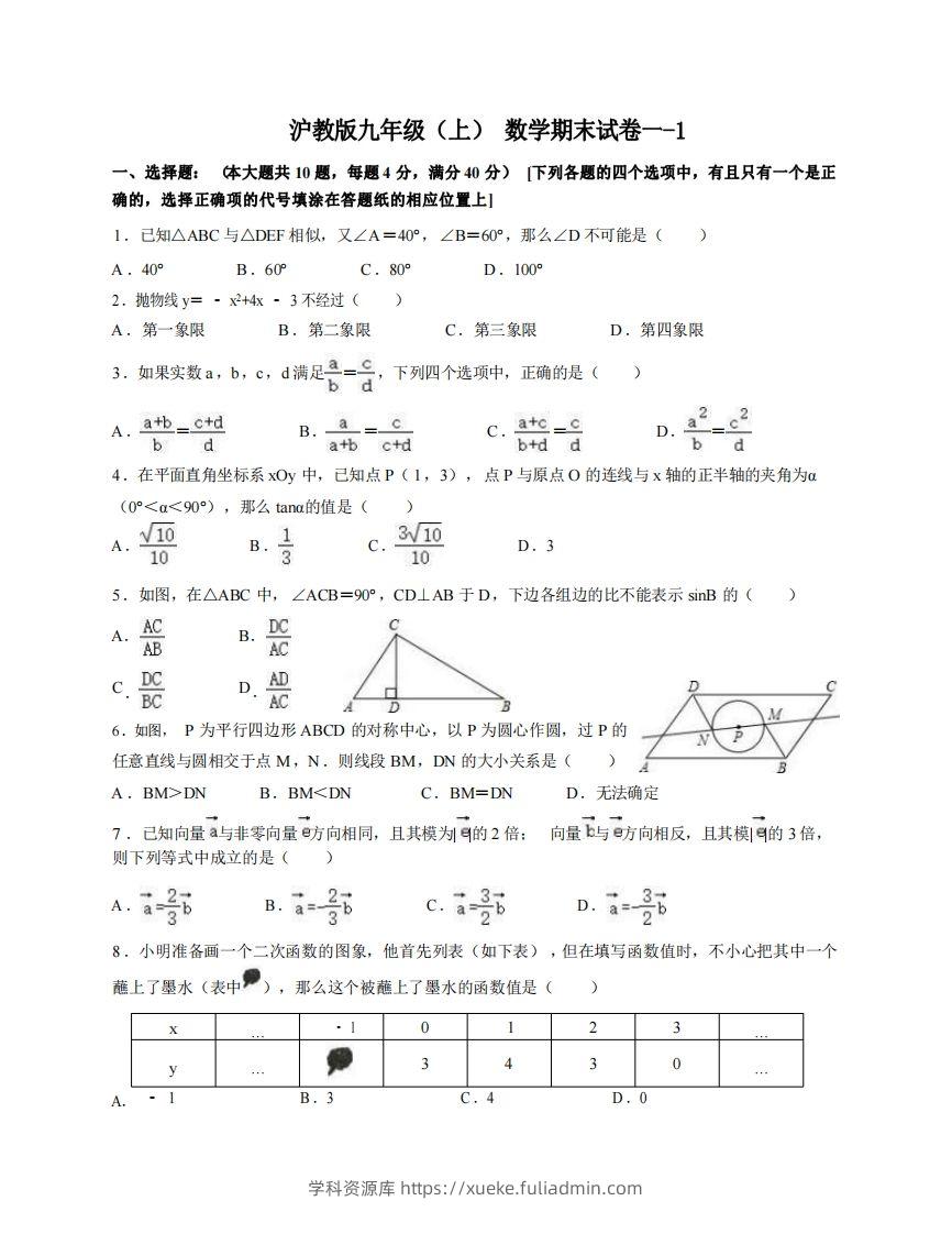 九年级（上）数学期末试卷1-1卷沪教版-学科资源库