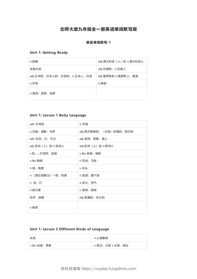 北师大版九年级上册英语单词默写表-学科资源库