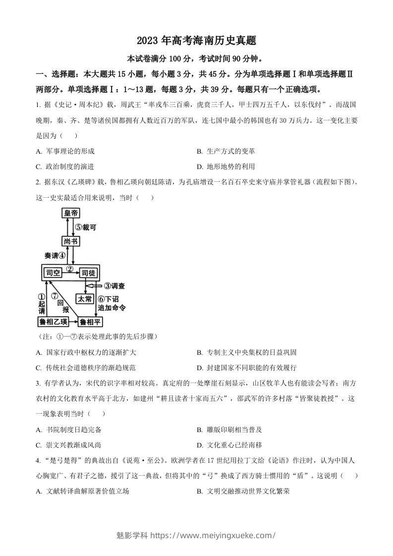 2023年高考历史试卷（海南）（空白卷）-学科资源库