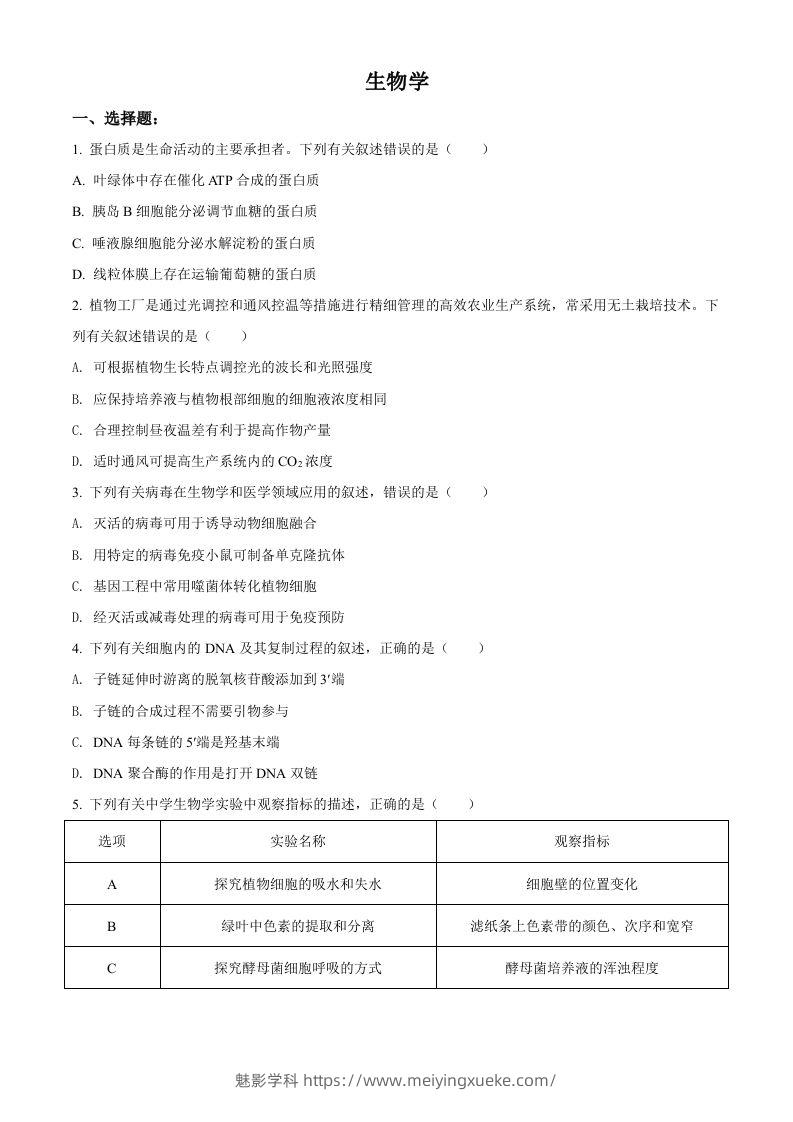 2021年高考生物试卷（辽宁）（空白卷）-学科资源库