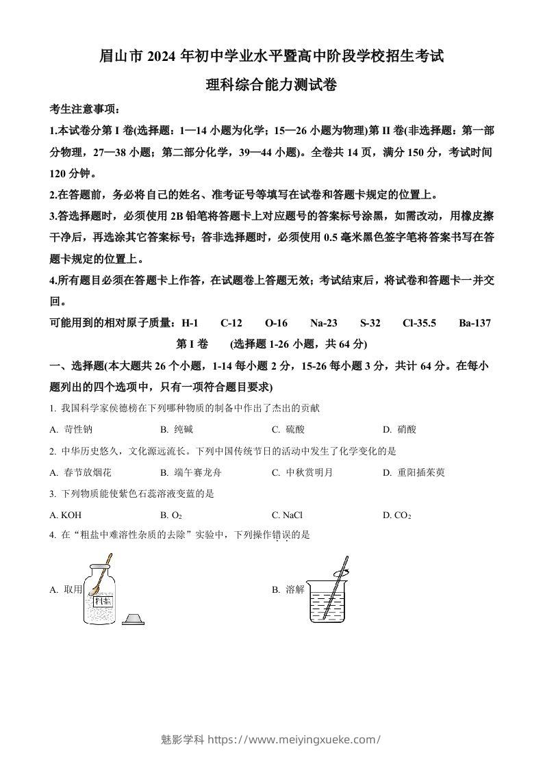 2024年四川省眉山市中考化学真题（空白卷）-学科资源库