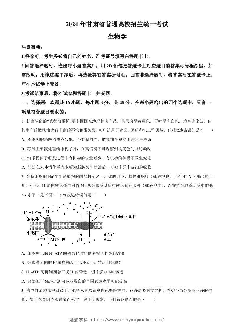 2024年高考生物试卷（甘肃）（空白卷）-学科资源库