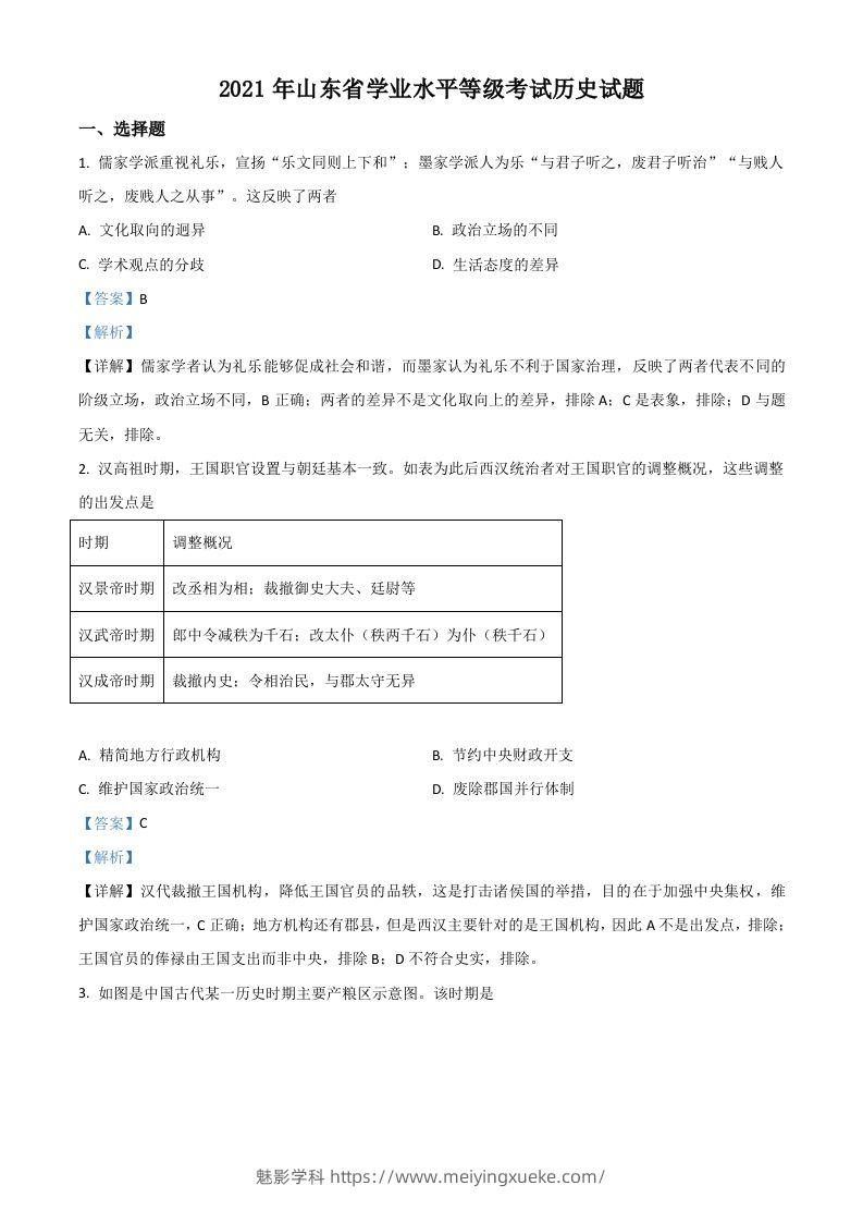 2021年高考历史试卷（山东）（含答案）-学科资源库