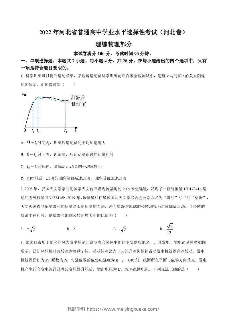 2022年高考物理试卷（河北）（空白卷）-学科资源库