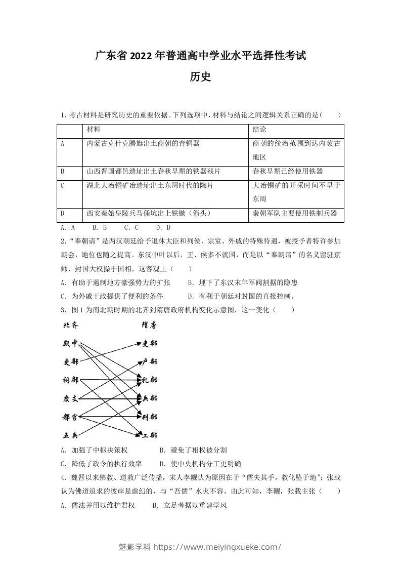 2022年高考历史试卷（广东）（空白卷）-学科资源库