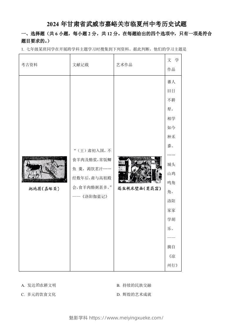 2024年甘肃省武威市嘉峪关市临夏州中考历史试题（空白卷）-学科资源库