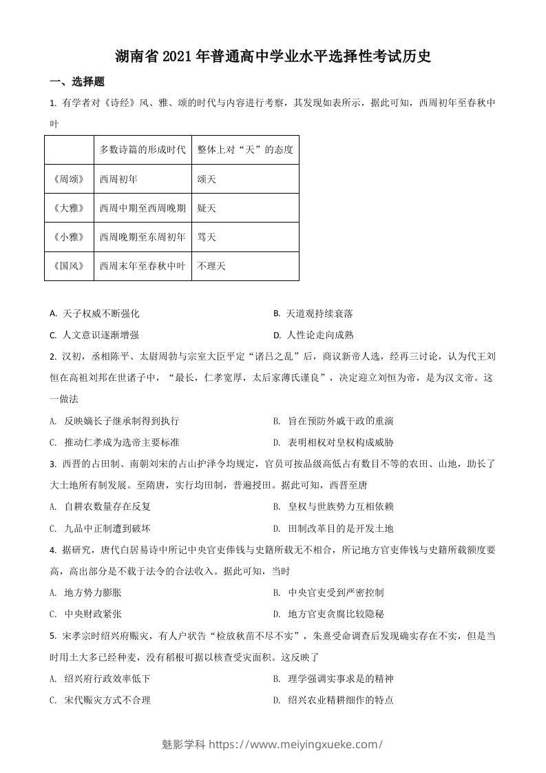 2021年高考历史试卷（湖南）（空白卷）-学科资源库