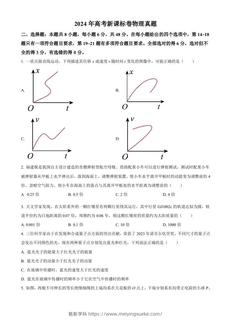 2024年高考物理试卷（新课标）（空白卷）-学科资源库