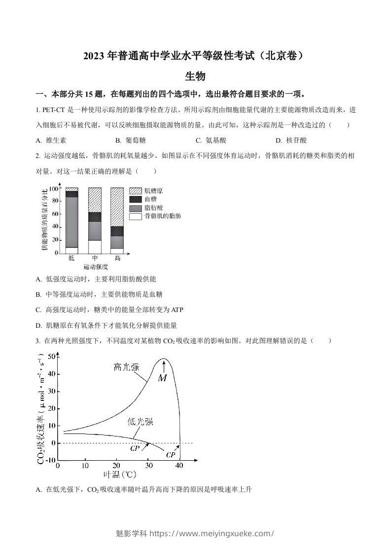 2023年高考生物试卷（北京）（空白卷）-学科资源库