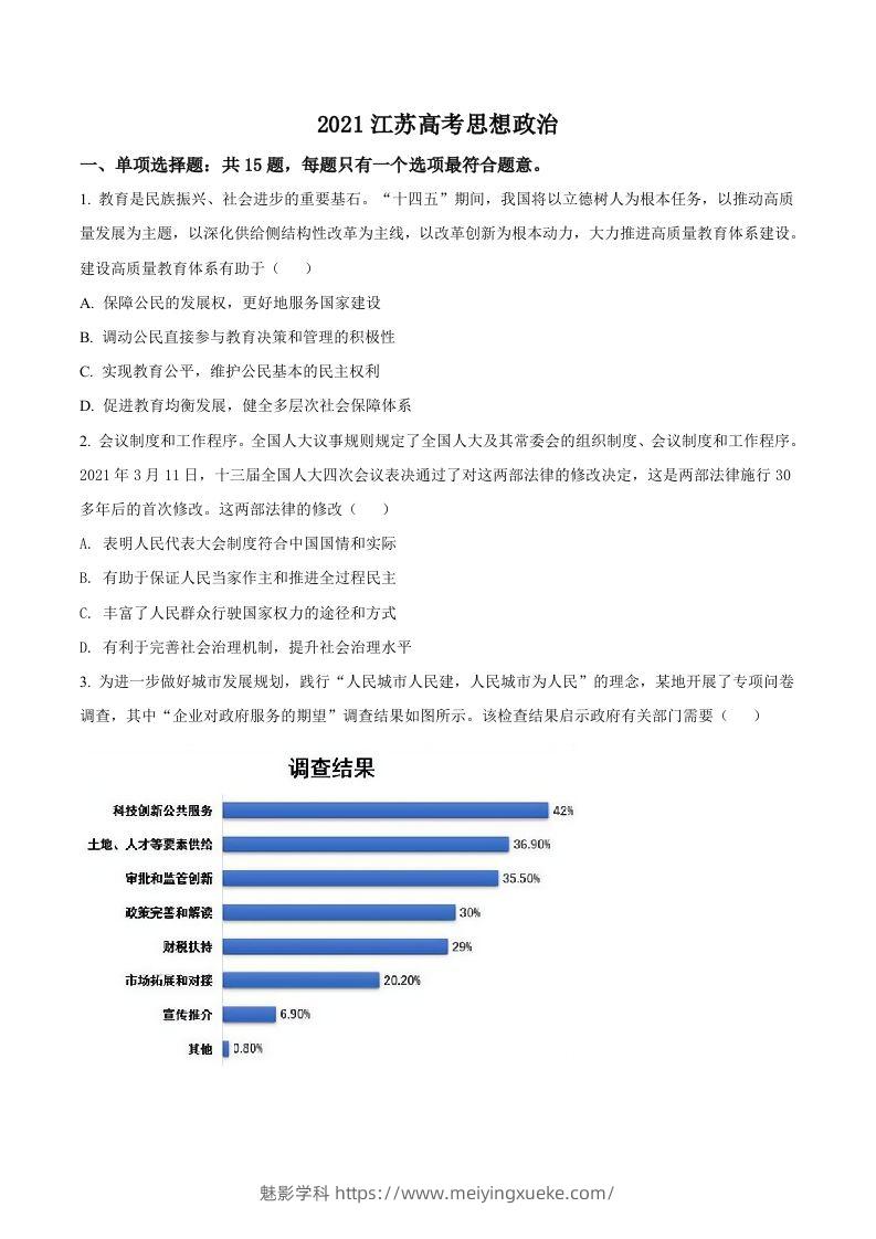 2021年高考政治试卷（江苏）（空白卷）-学科资源库