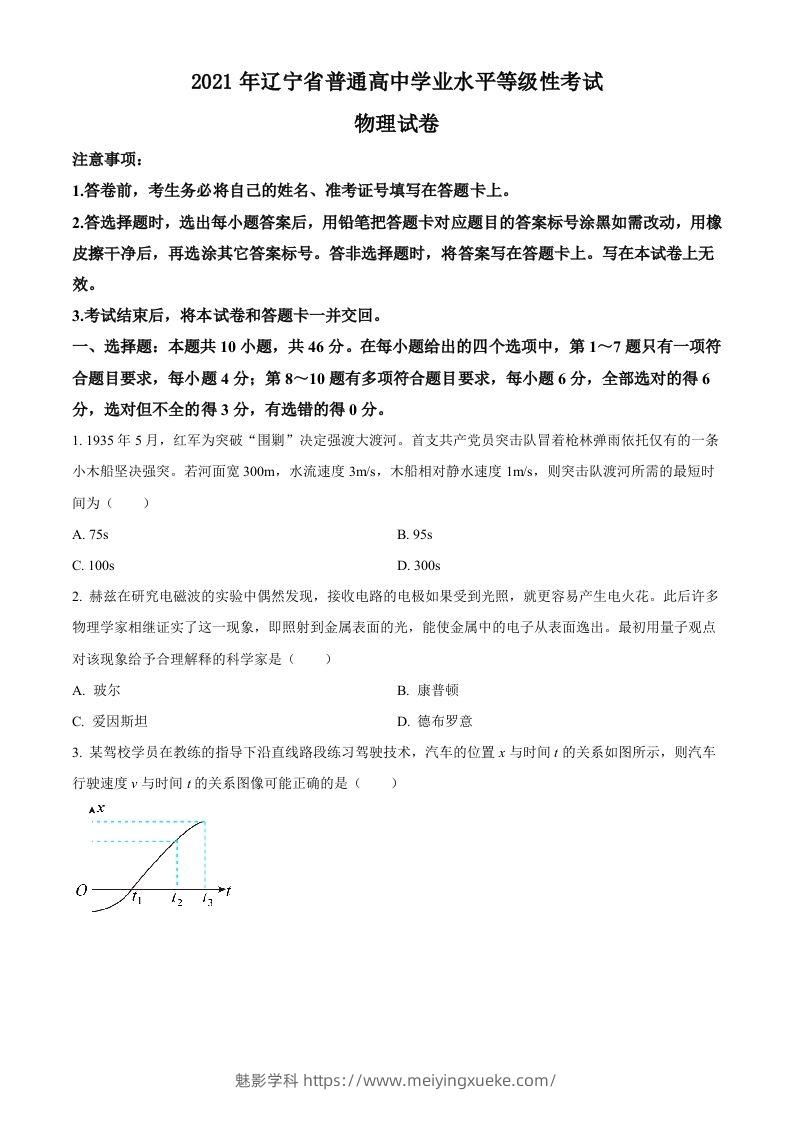 2021年高考物理试卷（辽宁）（空白卷）-学科资源库