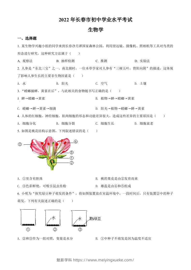 2022年吉林省长春市中考生物真题（空白卷）-学科资源库