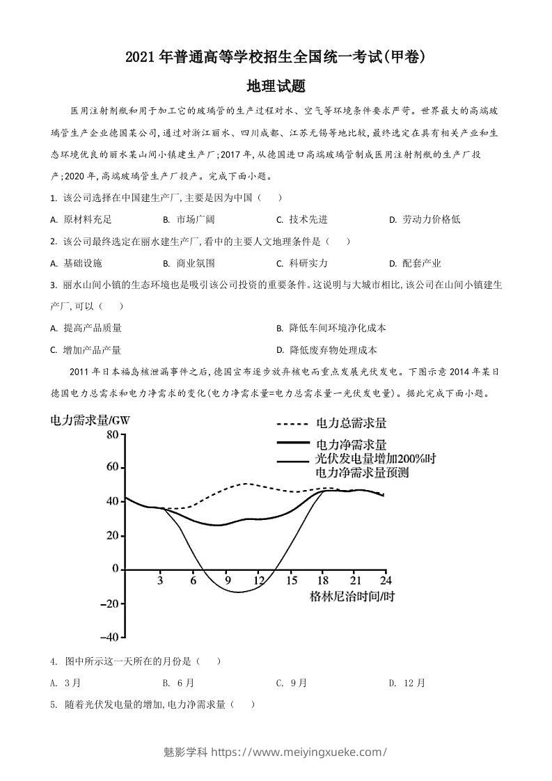 2021年高考地理试卷（全国甲卷）（空白卷）-学科资源库