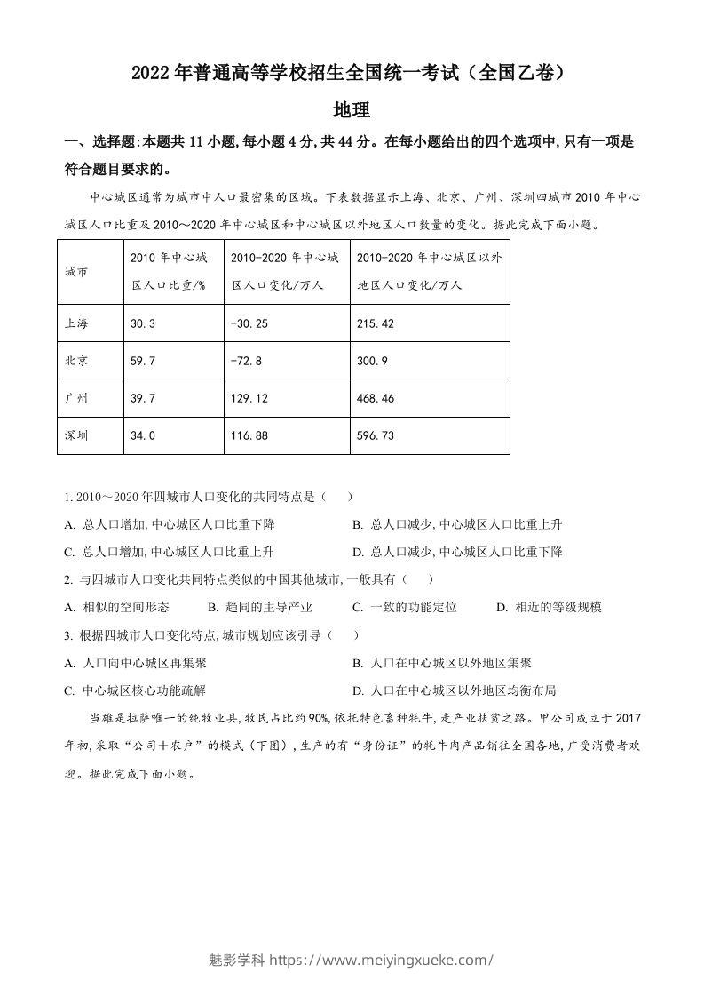 2022年高考地理试卷（全国乙卷）（空白卷）-学科资源库