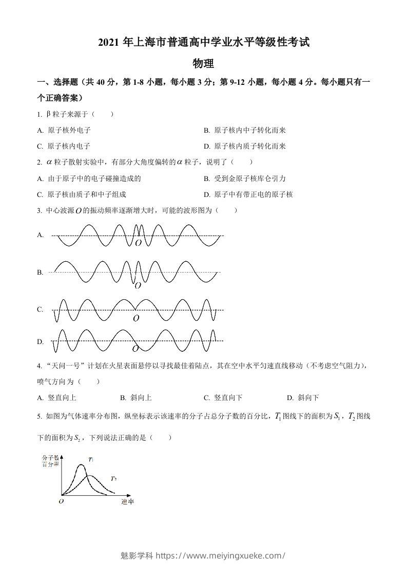 2021年高考物理试卷（上海）（空白卷）-学科资源库