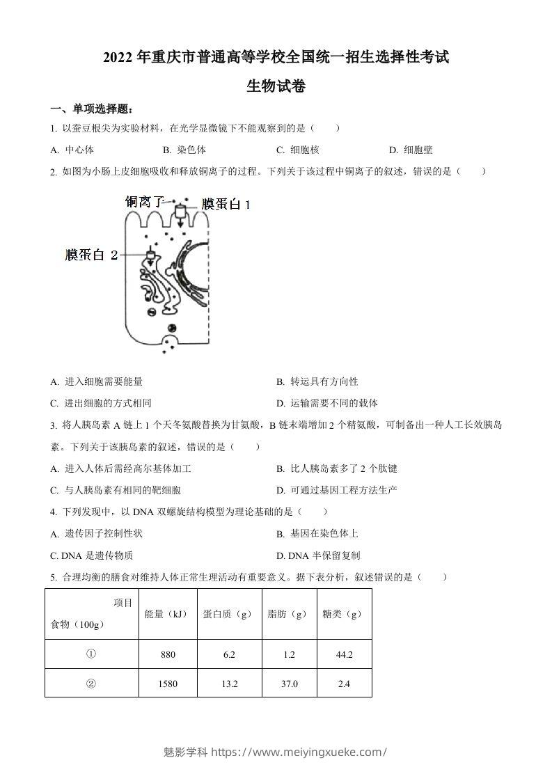 2022年高考生物试卷（重庆）（空白卷）-学科资源库