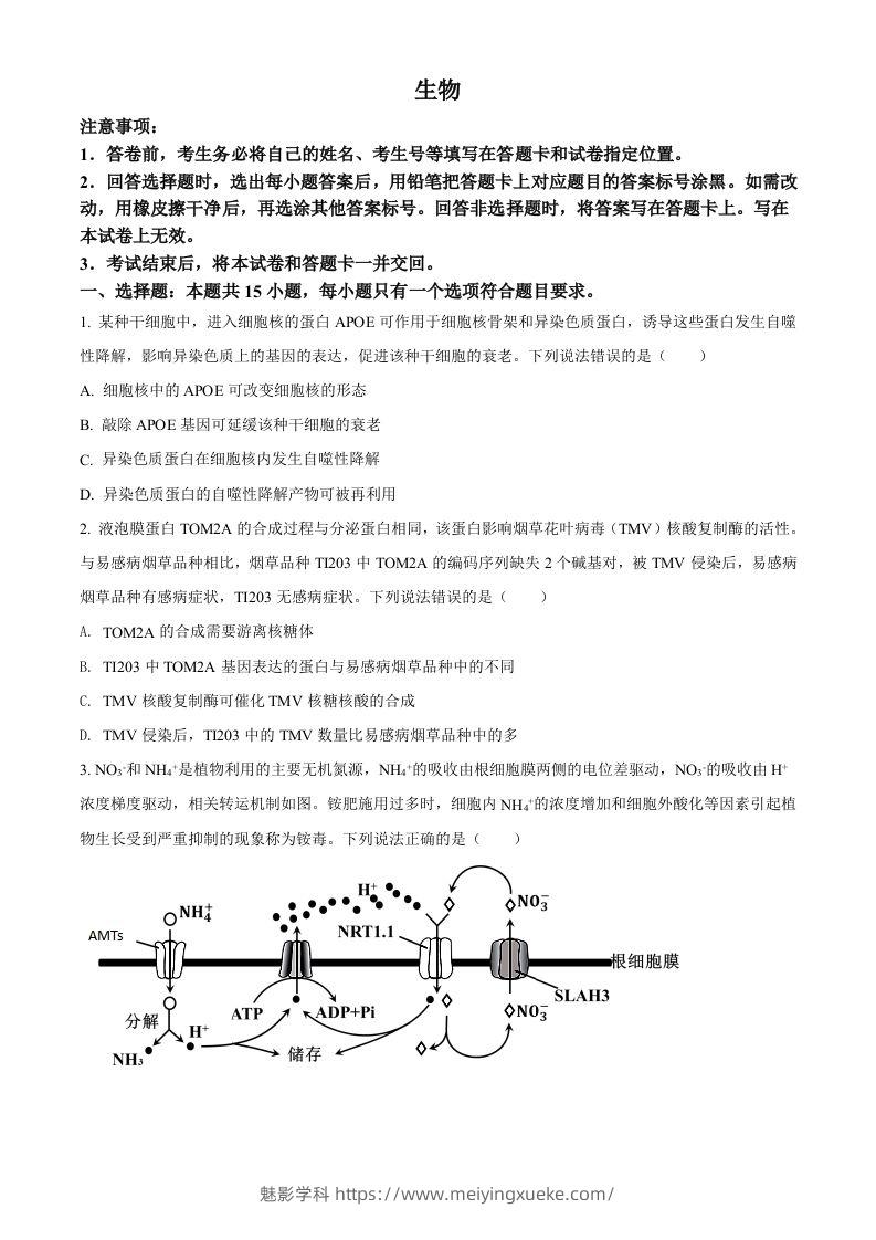 2022年高考生物试卷（山东）（空白卷）-学科资源库