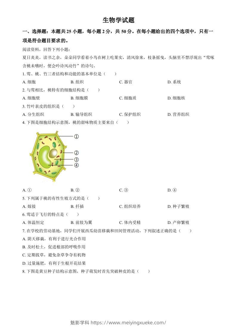 2024年福建省中考生物试题（空白卷）-学科资源库