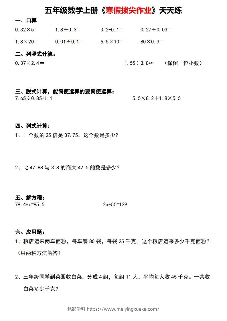 五年级下【数学寒假】拔尖作业天天练30天-学科资源库