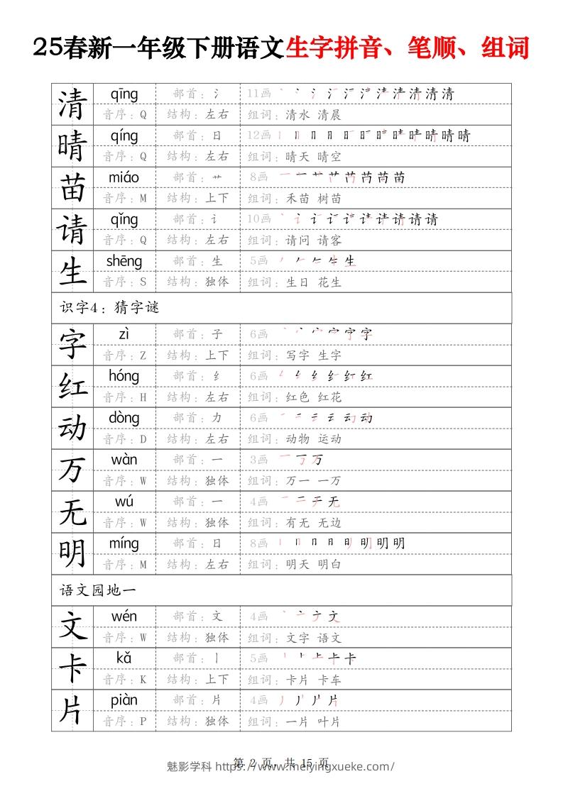 图片[2]-25春新一下语文生字拼音、笔顺、组词（15页）-学科资源库