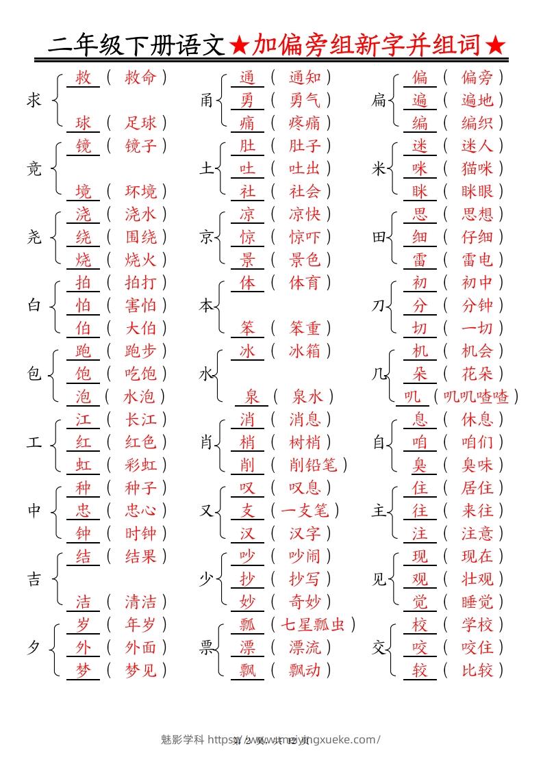 图片[2]-二下语文【加偏旁部首组新字并组词】专项练习（含答案12页）-学科资源库