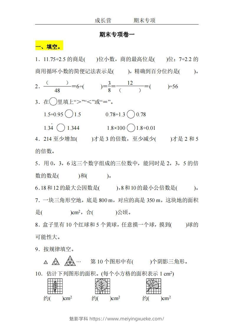 五上北师版数学【期末专项卷（空白）】-学科资源库