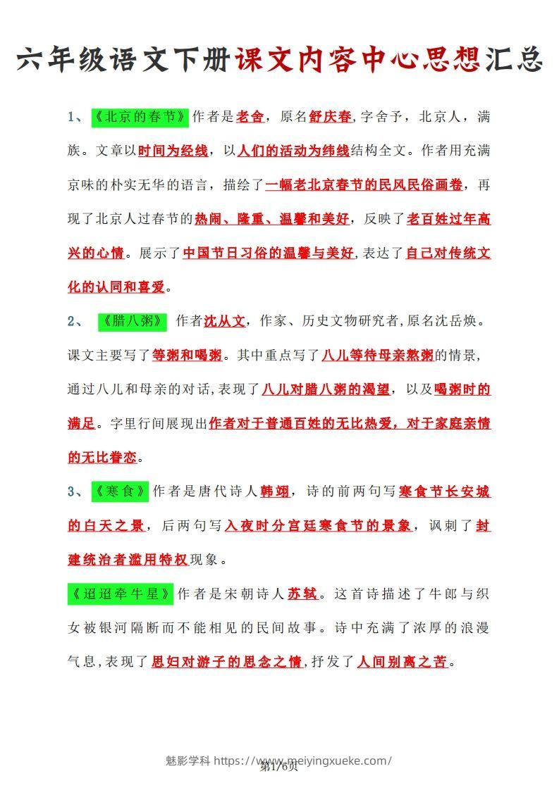 【课文内容中心思想汇总】六下语文-学科资源库