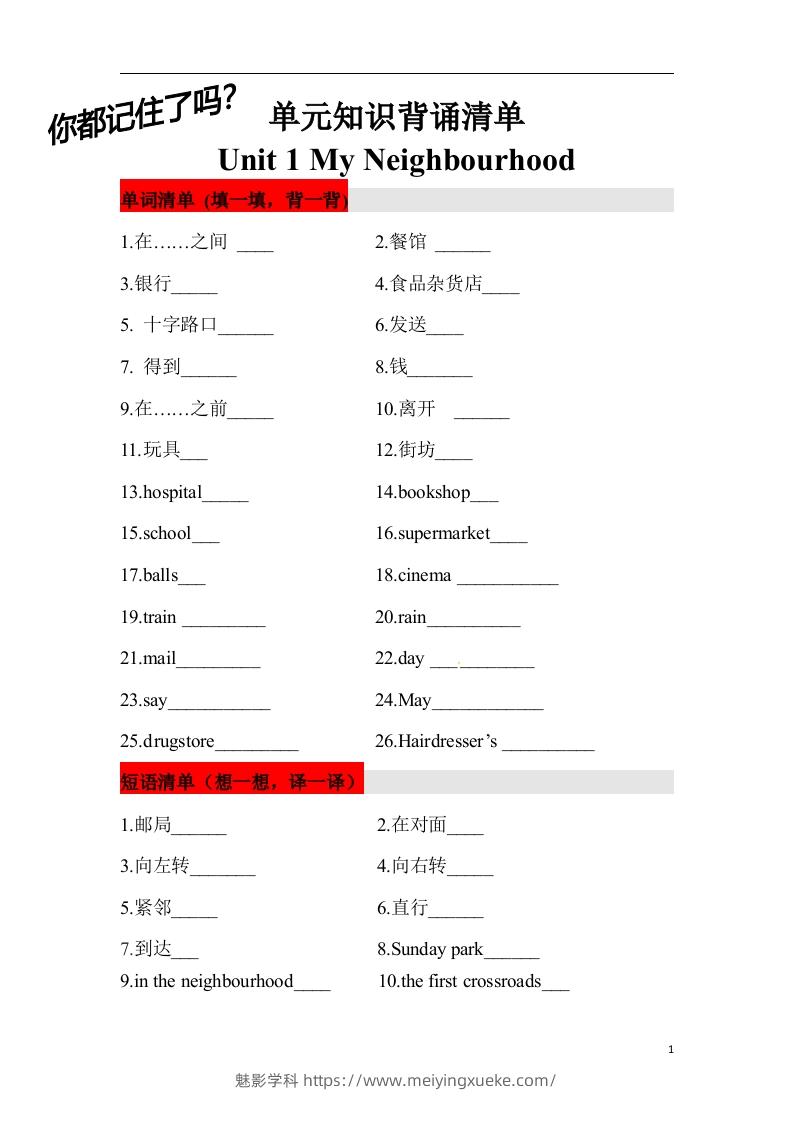 ❤四年级英语下册单元知识背诵清单Unit1MyNeighbourhood人教新起点（含答案）-学科资源库