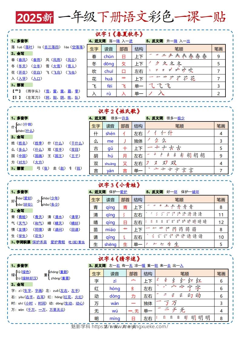 25春新一下语文彩色一课一贴高清（9页）-学科资源库