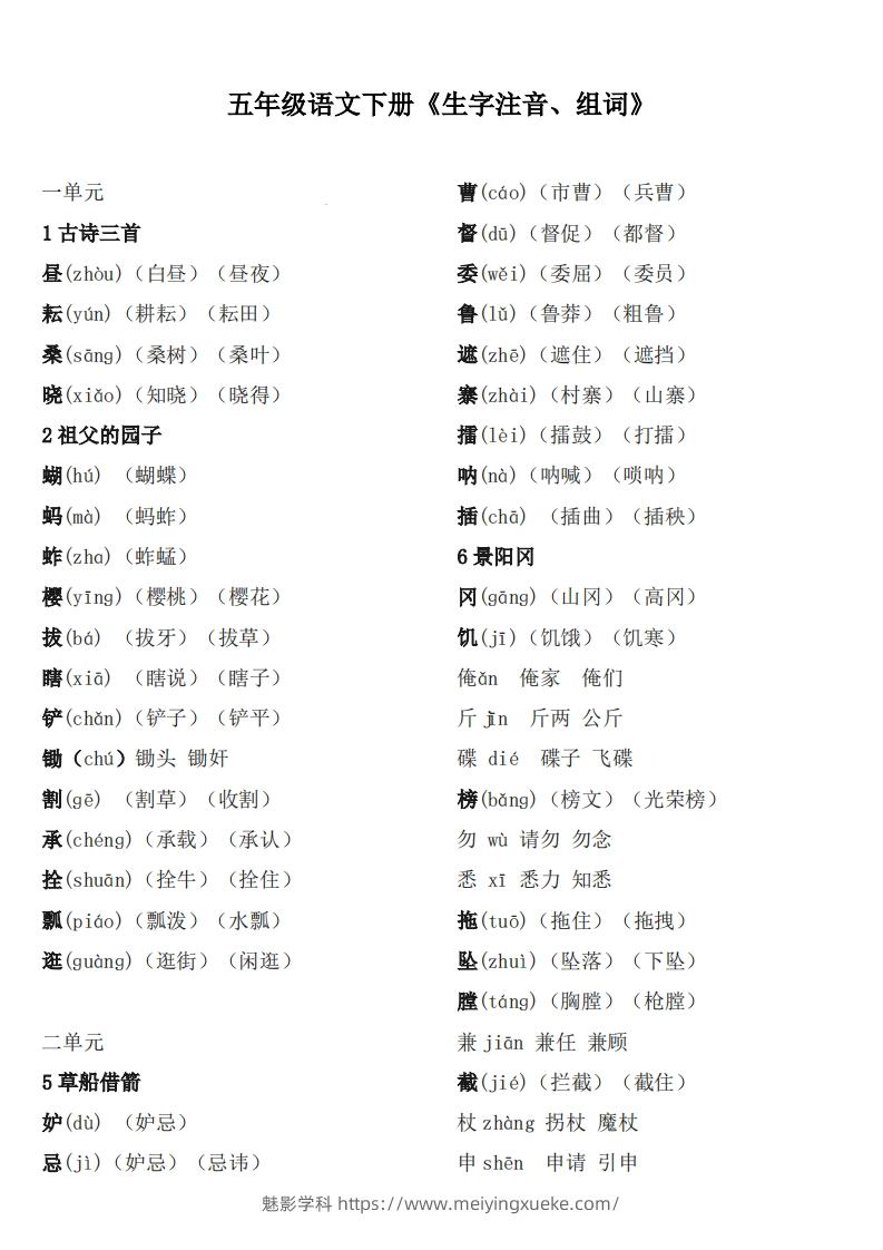 五下语文：《生字注音、组词》-学科资源库