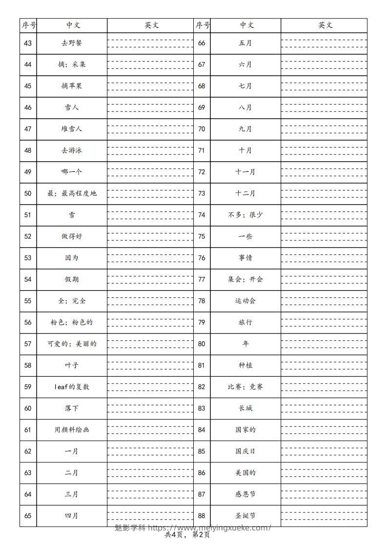 图片[2]-【默写】25春人教pep五下英语单词默写表（4页）-学科资源库