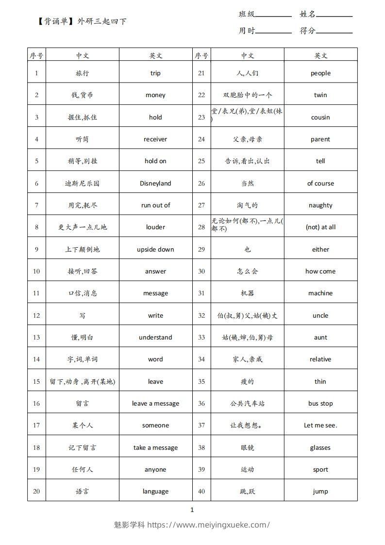 【背诵单】外研三起四下英语-学科资源库