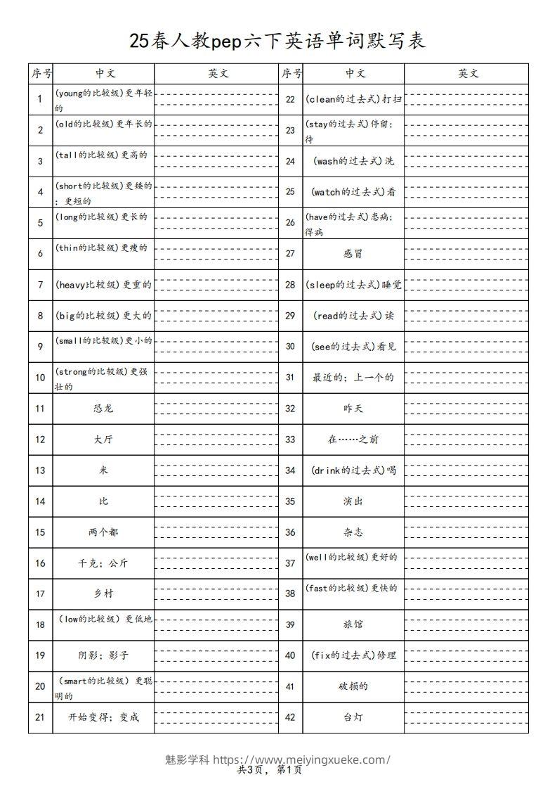 【默写】25春人教pep六下英语单词默写表（3页）-学科资源库