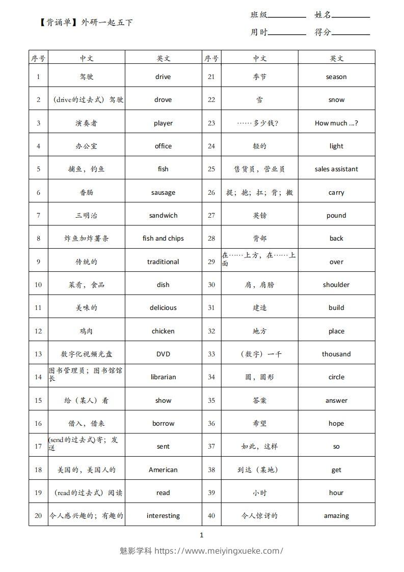 【背诵单】外研一起五下英语-学科资源库