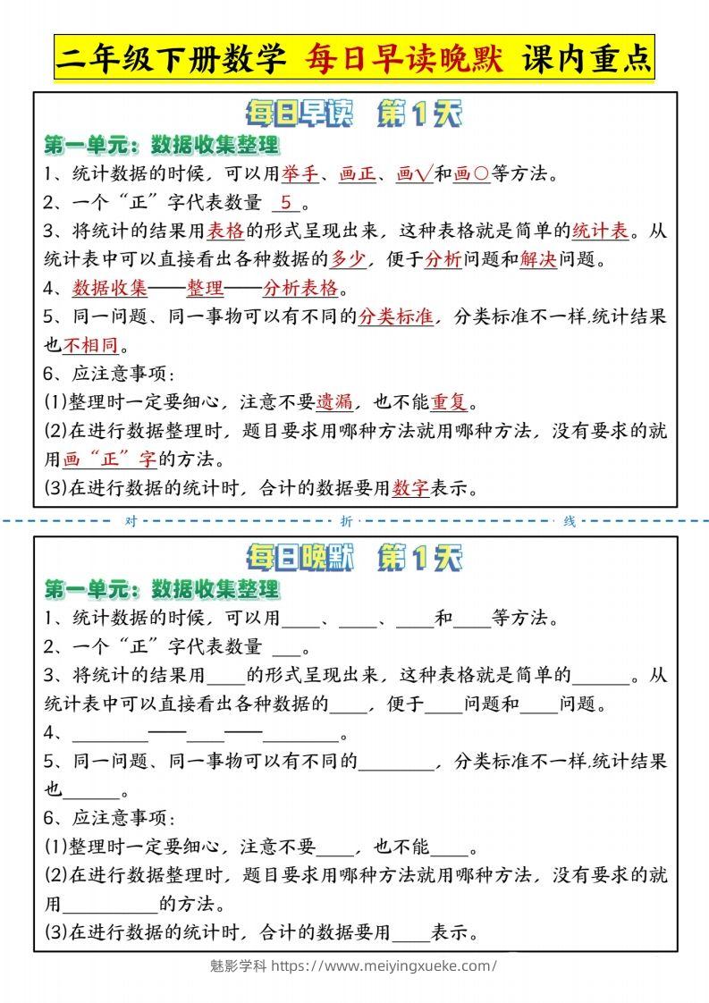 二下人教版数学【每日晨读晚默-重点知识点】-学科资源库